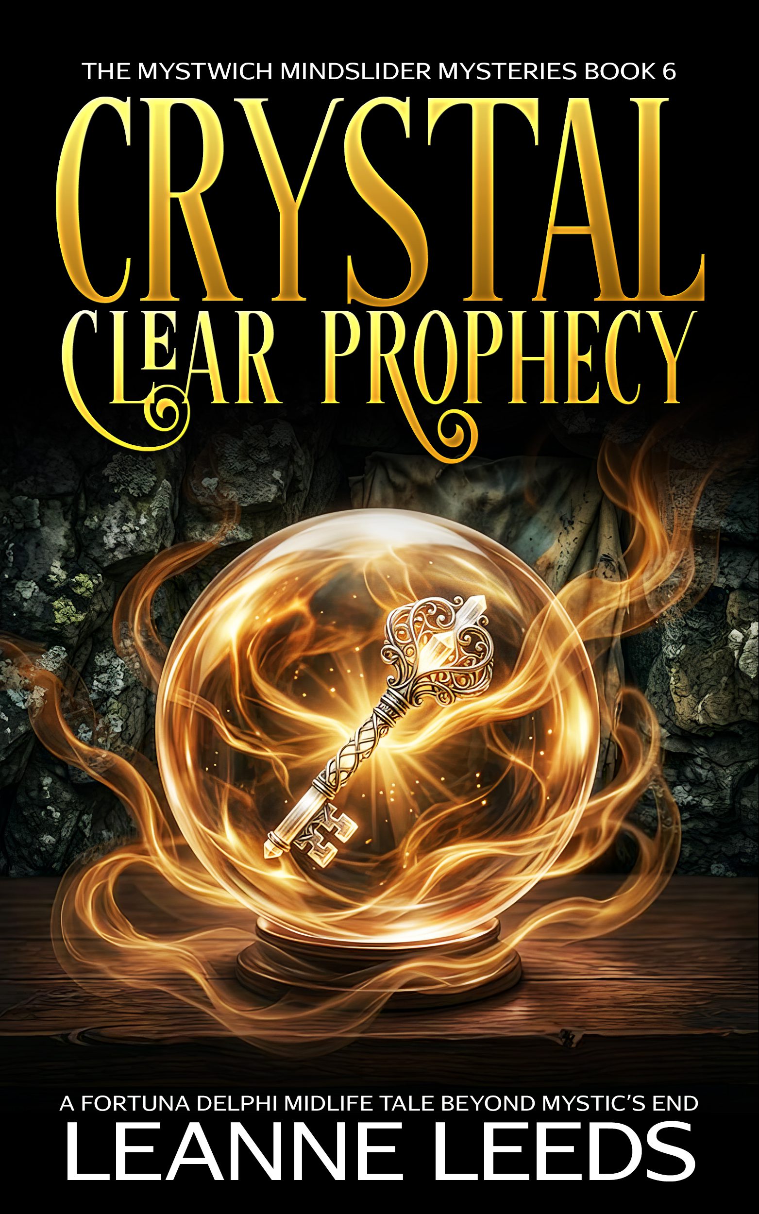 Crystal ball containing a silver key, surrounded by swirling golden energy on a dark stone background — cover of Crystal Clear Prophecies by Leanne Leeds