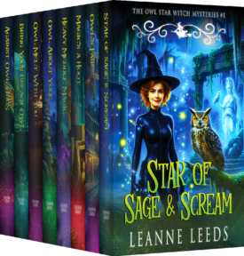 Book bundle cover for 'The Owl Star Witch Mysteries Books 1-8' by Leanne Leeds. A 3D digital box set showing a collection of eight book spines and the main cover featuring a dark-haired woman, a glowing light, and a small brown owl against a starry sky.