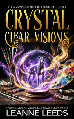 Kindle book cover for 'Crystal Clear Visions' by Leanne Leeds. An illustrated woman with brown hair and glasses stands in front of a mystical shop called 'The Mind's Eye' at night. She is holding a glowing crystal, and a white ghost dog stands by her side under a starry sky.