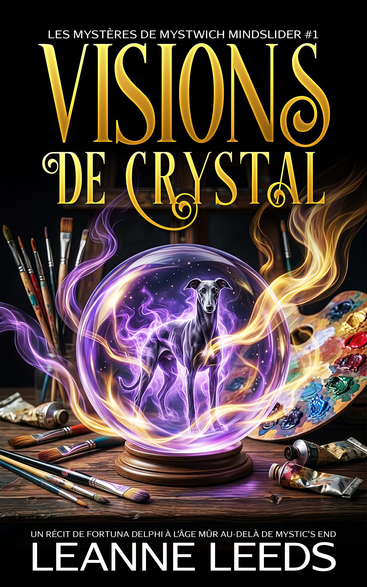 Couverture du livre 'Visions de Cristal' par Leanne Leeds. Une illustration d'une femme aux cheveux bruns et portant des lunettes devant une boutique mystique nommée 'The Mind's Eye' de nuit. Elle tient un cristal brillant et un chien fantôme blanc se tient à ses côtés.