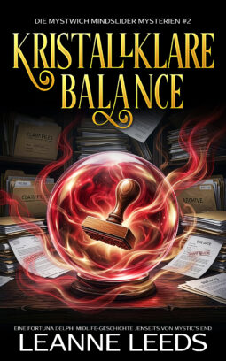 Buchcover fuer 'Kristallklare Balance' von Leanne Leeds. Eine rot-orange Kristallkugel mit einem Holzstempel darin, umgeben von Aktenordnern und gestempelten Dokumenten in einem Buero.