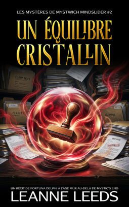 Couverture du livre 'Un Équilibre Cristallin' par Leanne Leeds. Une illustration d'une femme aux cheveux bruns et portant des lunettes, debout dans une rue la nuit avec un cristal brillant à la main, accompagnée d'un chien fantôme blanc.