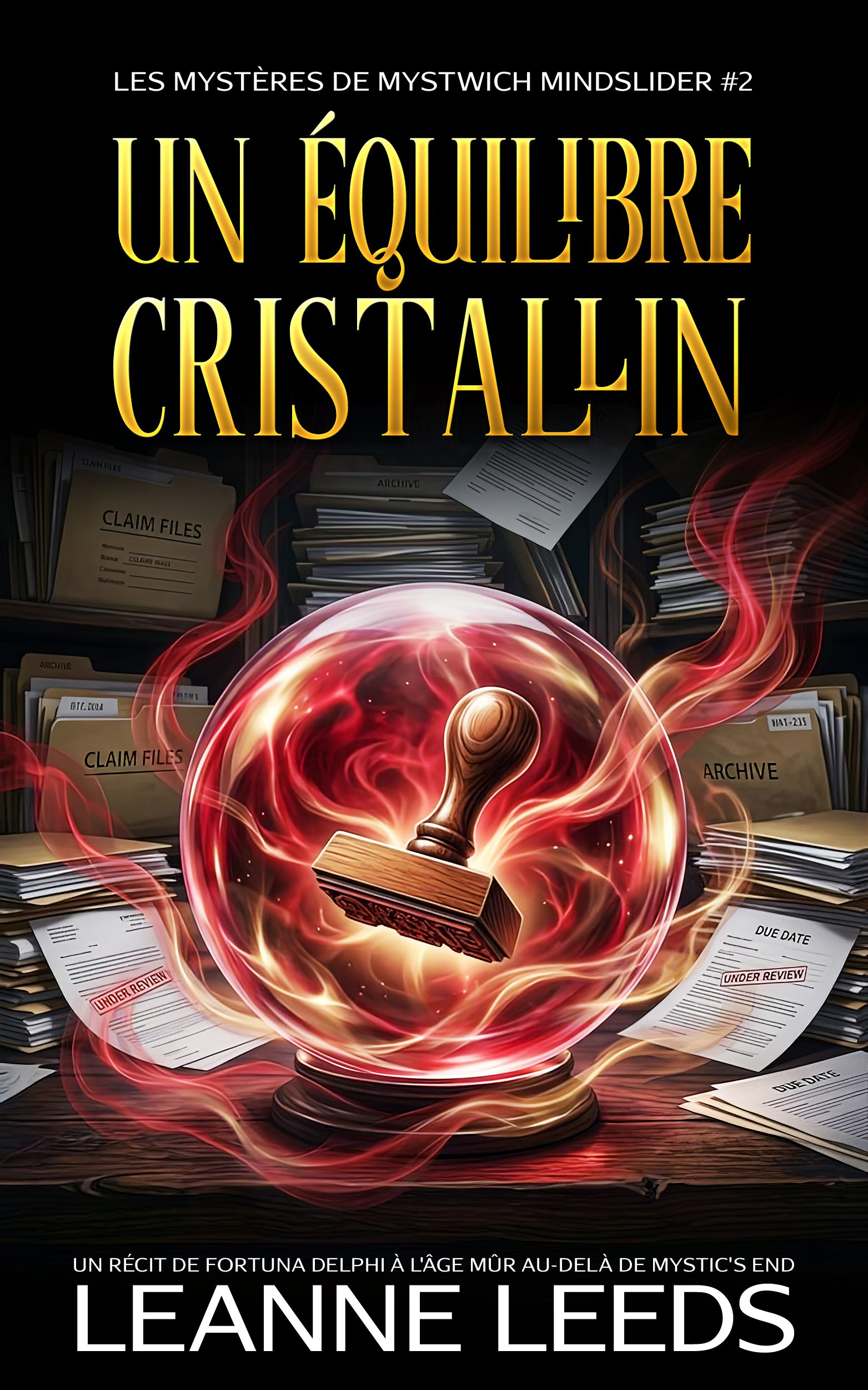 Couverture du livre 'Un Équilibre Cristallin' par Leanne Leeds. Une illustration d'une femme aux cheveux bruns et portant des lunettes, debout dans une rue la nuit avec un cristal brillant à la main, accompagnée d'un chien fantôme blanc.