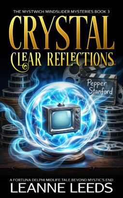 Book cover for 'Crystal Clear Reflections' by Leanne Leeds. An illustrated woman with brown hair and glasses stands in front of a mystical crystal ball shop at night. She is looking into a glowing crystal ball on a pedestal, while a white ghost dog sits beside her under a starry sky.