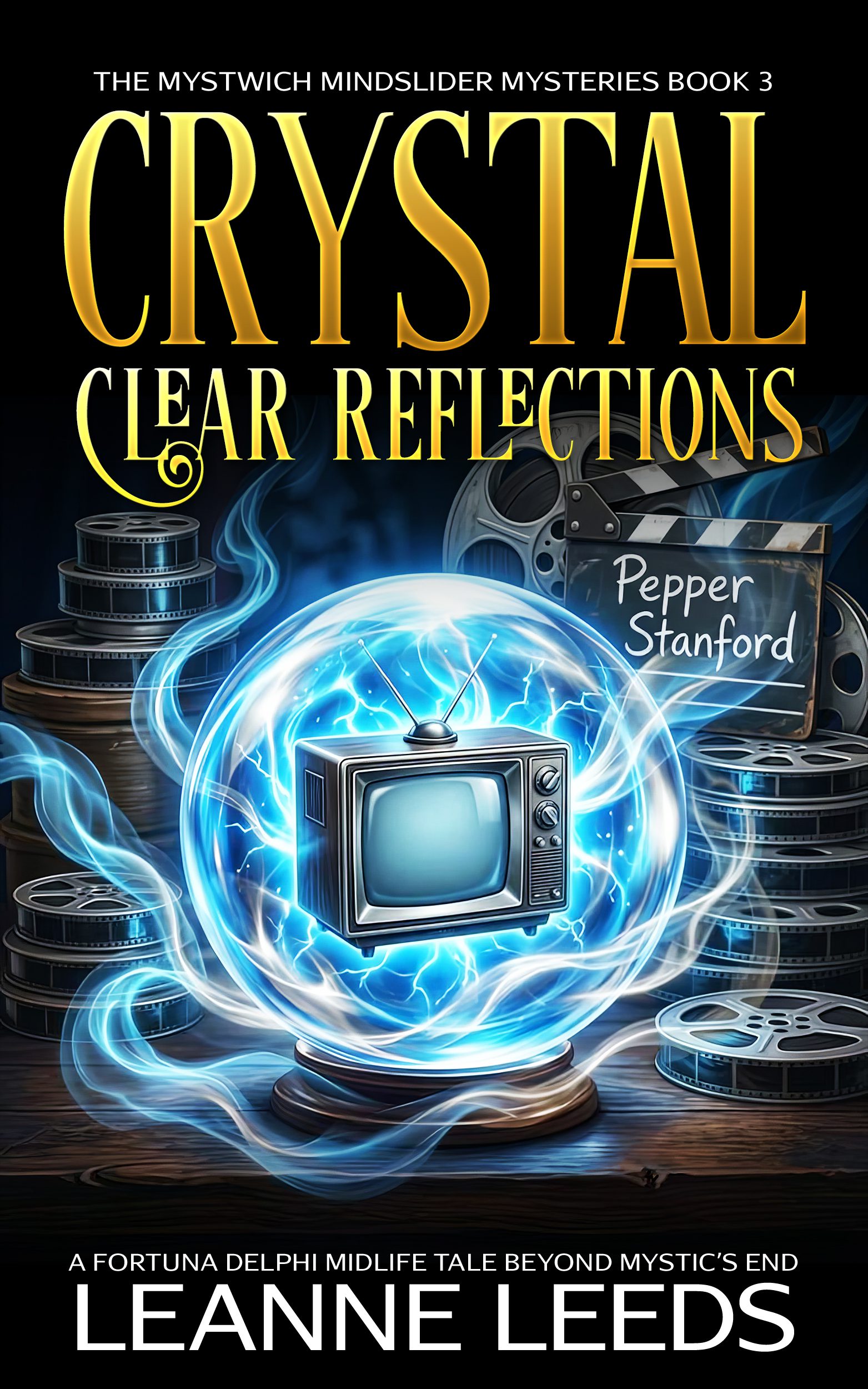Book cover for 'Crystal Clear Reflections' by Leanne Leeds. An illustrated woman with brown hair and glasses stands in front of a mystical crystal ball shop at night. She is looking into a glowing crystal ball on a pedestal, while a white ghost dog sits beside her under a starry sky.