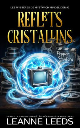 Couverture du livre 'Reflets Cristallins' par Leanne Leeds. Une illustration d'une femme aux cheveux bruns et portant des lunettes qui regarde dans une boule de cristal brillante sur un piédestal, accompagnée d'un chien fantôme blanc devant une boutique mystique de nuit.