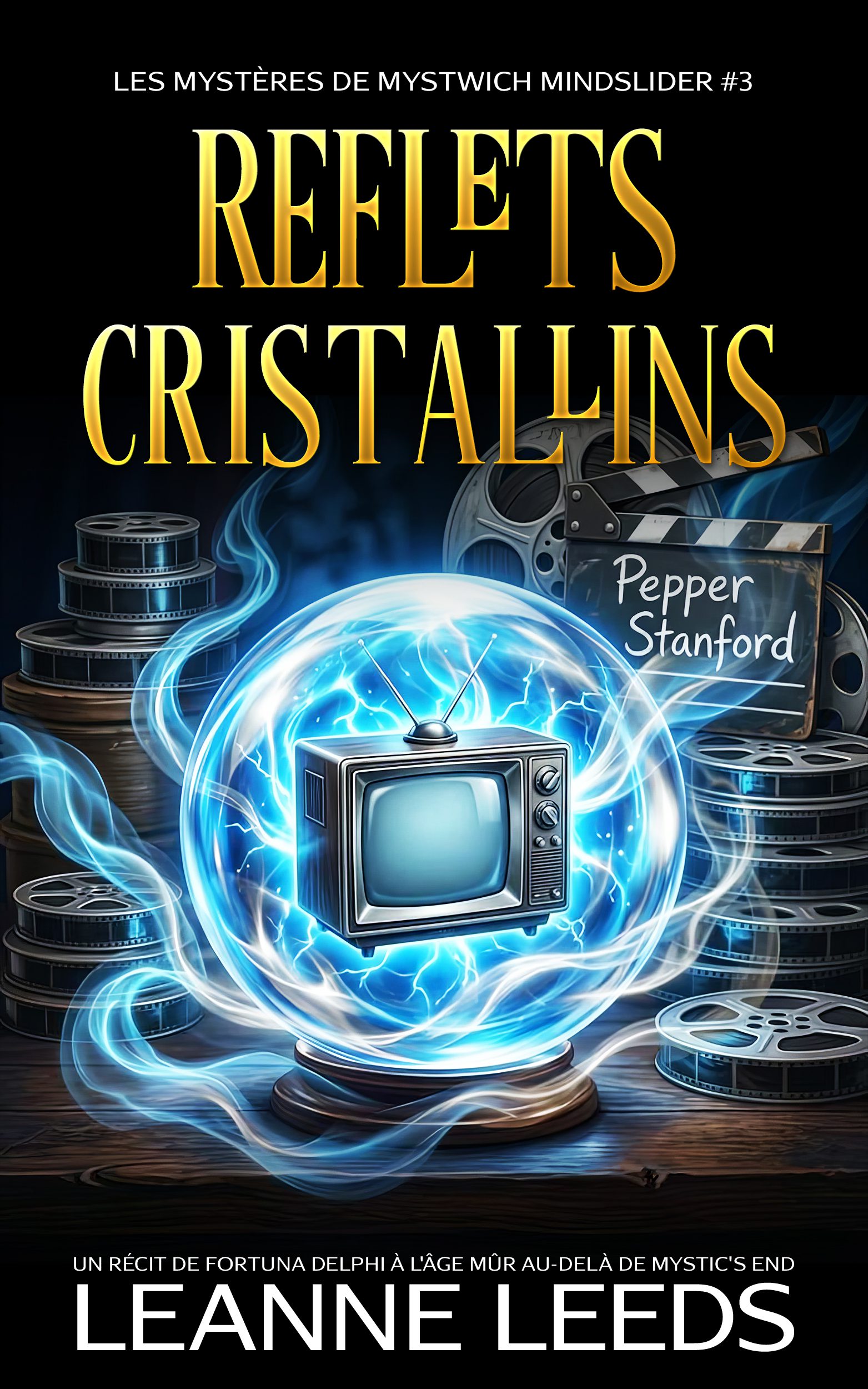 Couverture du livre 'Reflets Cristallins' par Leanne Leeds. Une illustration d'une femme aux cheveux bruns et portant des lunettes qui regarde dans une boule de cristal brillante sur un piédestal, accompagnée d'un chien fantôme blanc devant une boutique mystique de nuit.