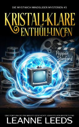 Buchcover fuer 'Kristallklare Enthuellungen' von Leanne Leeds. Eine elektrisch blaue Kristallkugel mit einem alten Fernseher darin, umgeben von Filmrollen und einer Filmklappe.