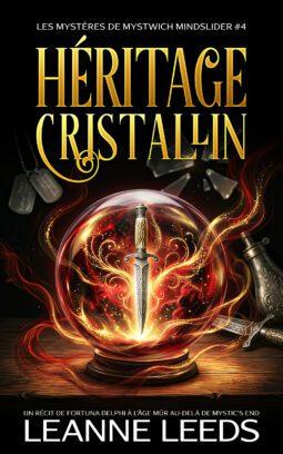 Couverture du livre 'Héritage Cristallin' par Leanne Leeds. Une illustration d'une femme aux cheveux bruns et portant des lunettes devant un vieux manoir mystérieux de nuit, accompagnée d'un petit chien fantôme blanc sous une pleine lune.