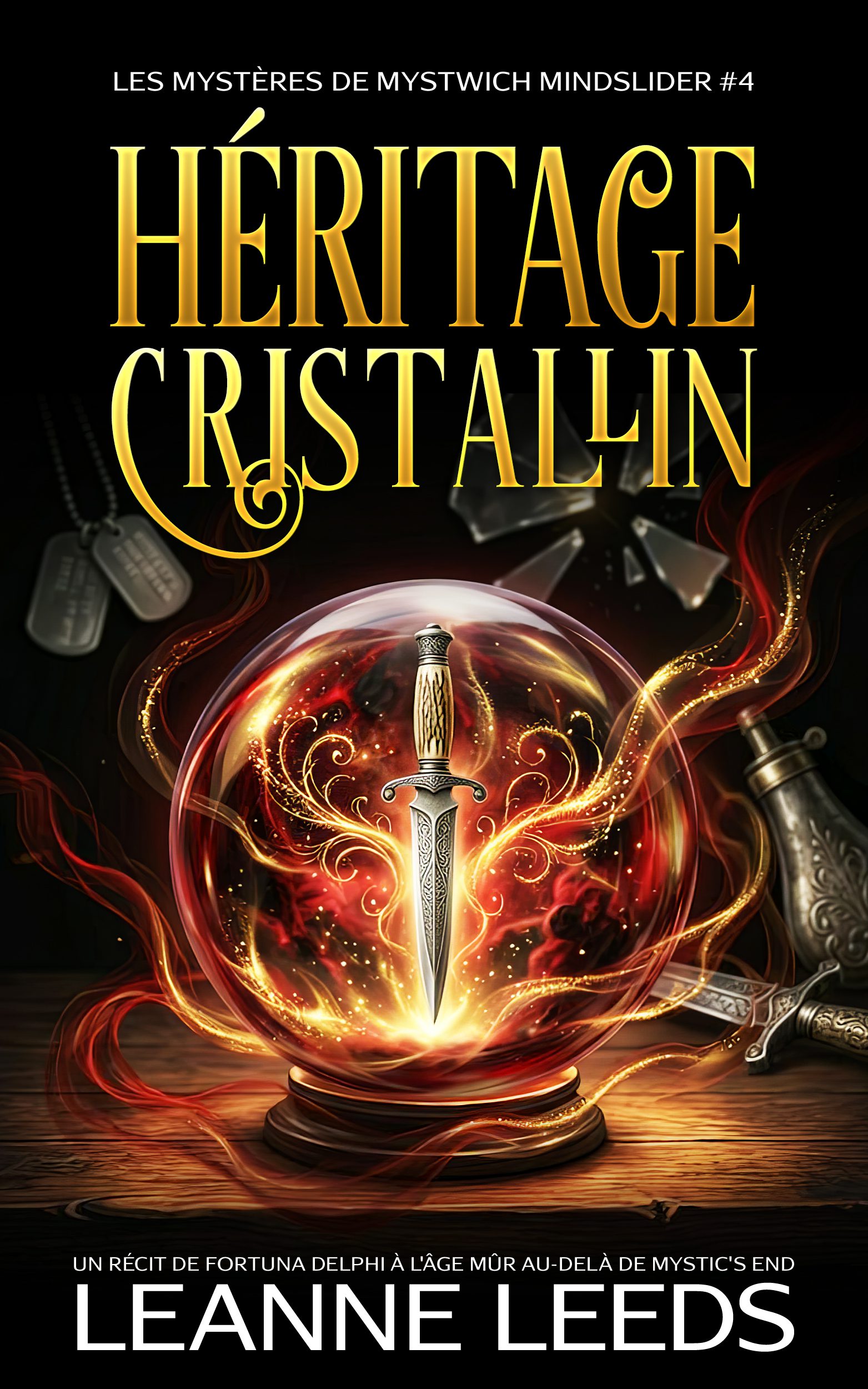 Couverture du livre 'Héritage Cristallin' par Leanne Leeds. Une illustration d'une femme aux cheveux bruns et portant des lunettes devant un vieux manoir mystérieux de nuit, accompagnée d'un petit chien fantôme blanc sous une pleine lune.