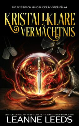 Buchcover fuer 'Kristallklares Vermaechtnis' von Leanne Leeds. Eine feurig orange Kristallkugel mit einem verzierten Dolch darin, umgeben von Erkennungsmarken und einem Silberkelch.