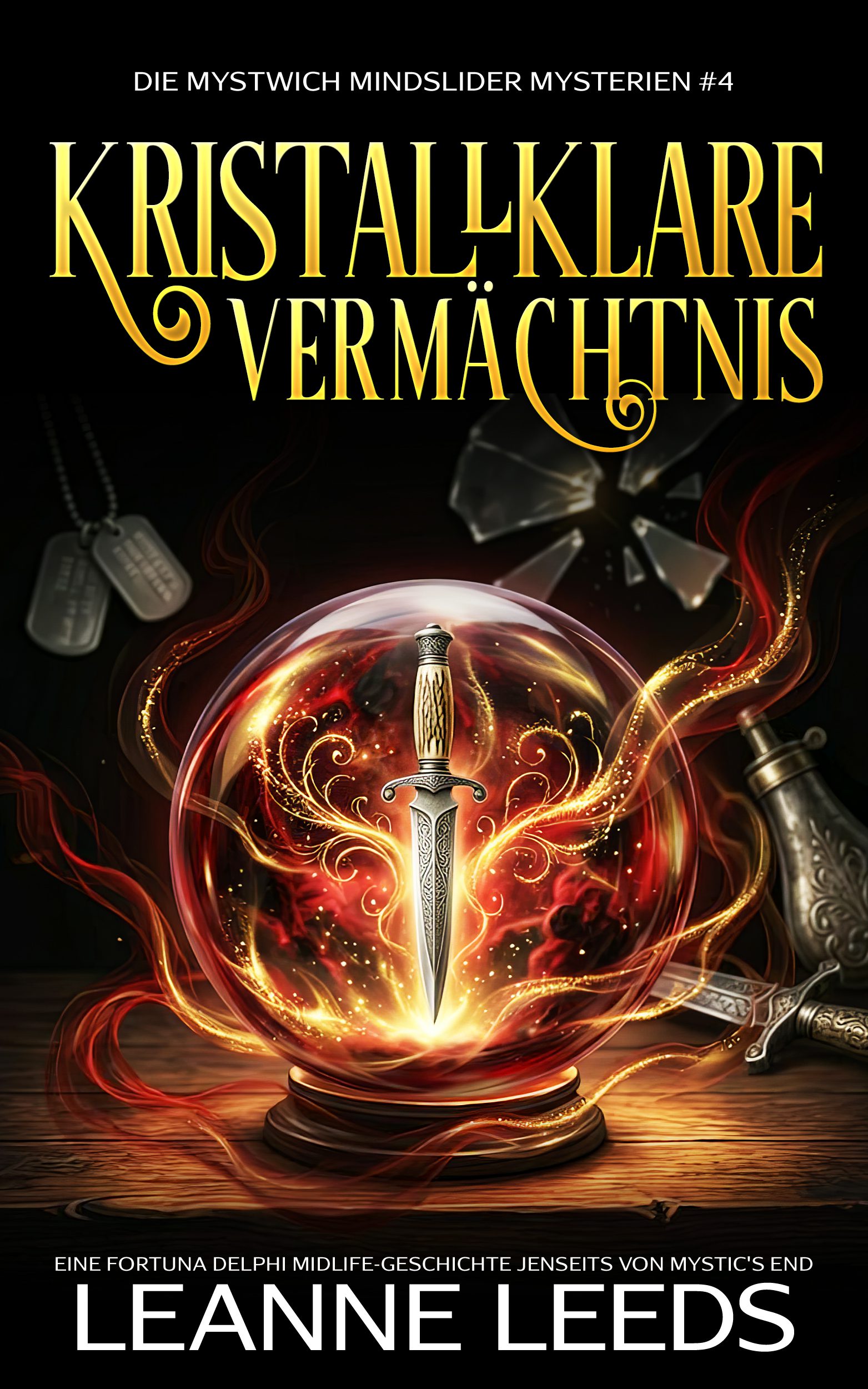 Buchcover fuer 'Kristallklares Vermaechtnis' von Leanne Leeds. Eine feurig orange Kristallkugel mit einem verzierten Dolch darin, umgeben von Erkennungsmarken und einem Silberkelch.