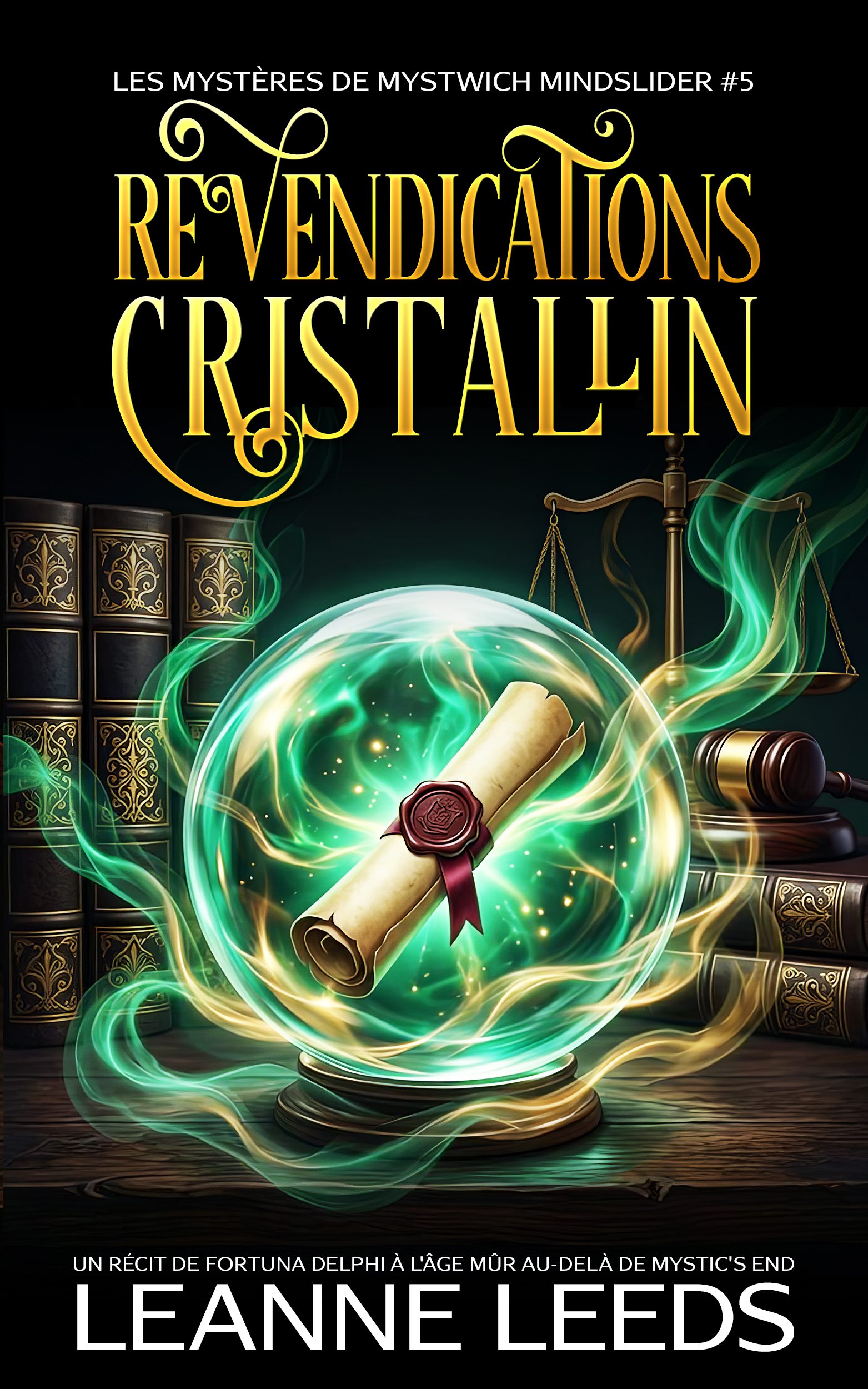 Couverture du livre 'Revendications Cristallines' par Leanne Leeds. Une illustration d'une femme aux cheveux bruns et portant des lunettes dans une rue enneigée de nuit devant une boutique mystique, accompagnée d'un chien fantôme blanc.