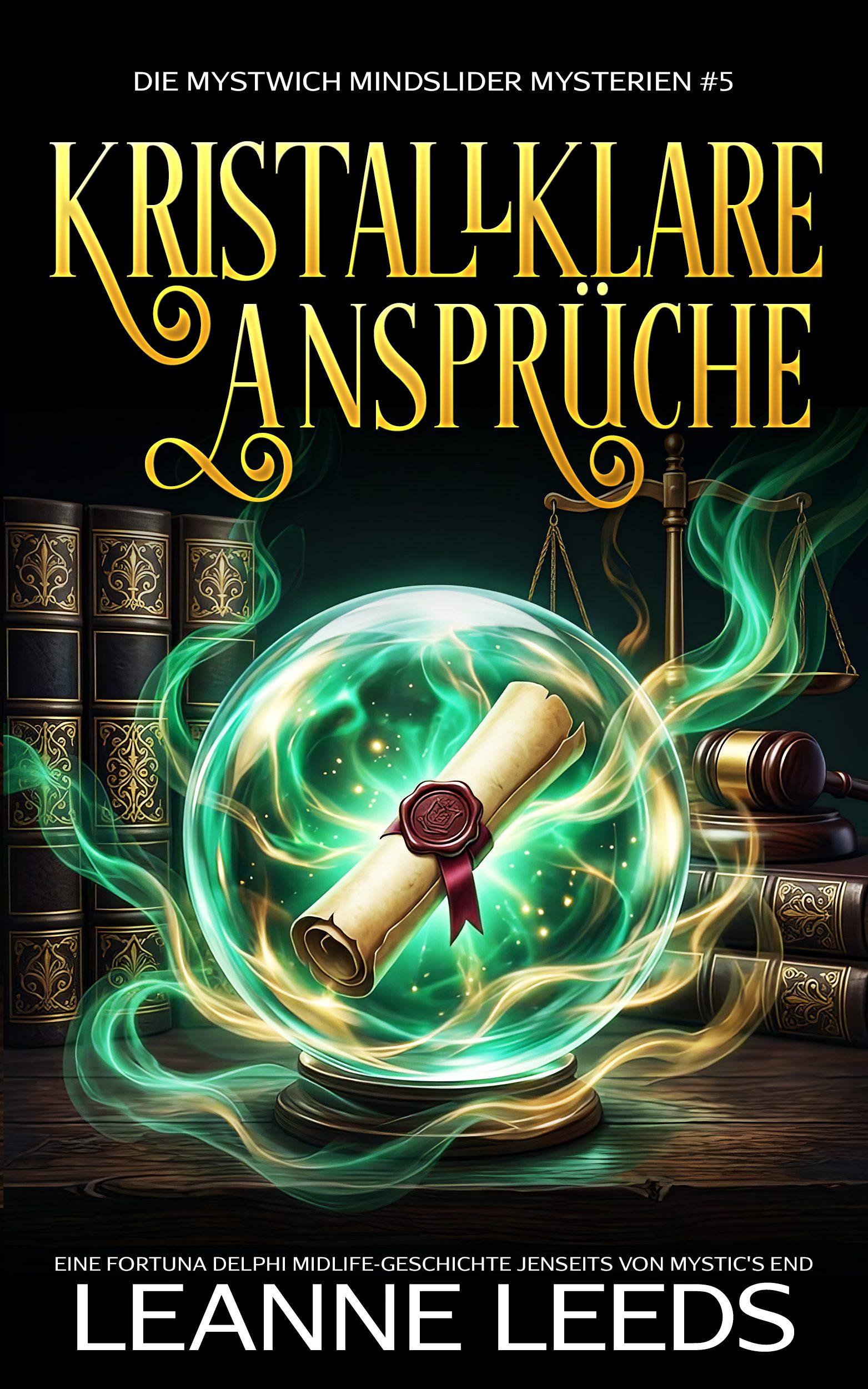 Buchcover fuer 'Kristallklare Ansprueche' von Leanne Leeds. Eine leuchtend gruene Kristallkugel mit einer Pergamentrolle darin, umgeben von einem Richterhammer und einer Waage der Gerechtigkeit.