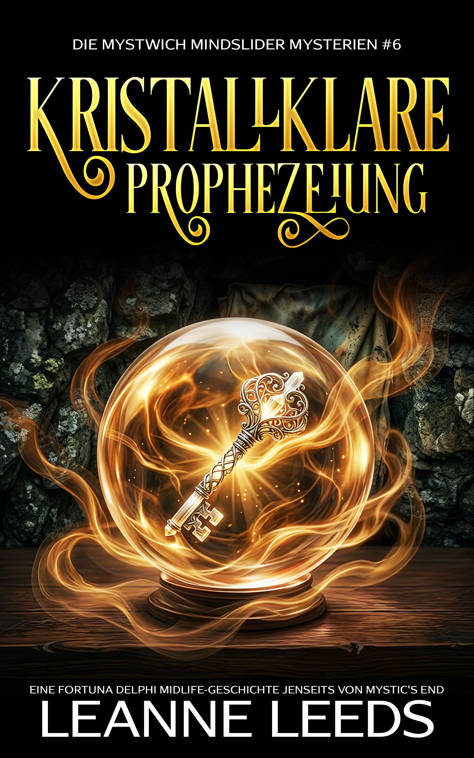 Eine leuchtende Kristallkugel auf einem Holztisch, in der ein kunstvoll verzierter Silberschlüssel schwebt, umgeben von wirbelnder goldener magischer Energie vor einem dunklen Steinhintergrund