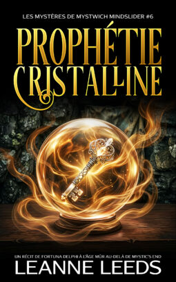 Une boule de cristal lumineuse posée sur une table en bois, renfermant une clé en argent ouvragée en suspension, entourée de volutes d'énergie magique dorée sur un fond de pierre sombre