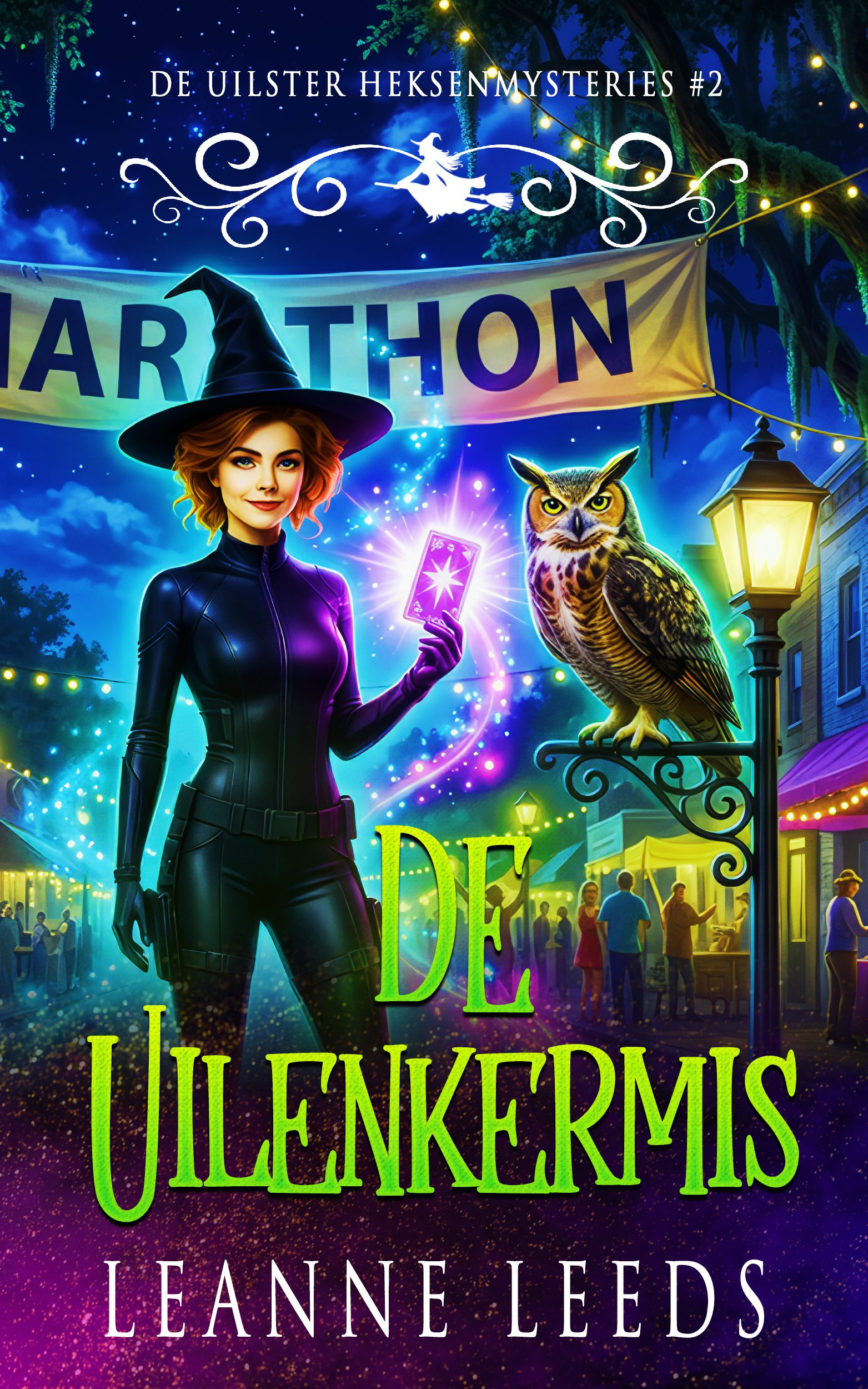 Boekomslag van 'De Uilster Kermis' door Leanne Leeds. Een illustratie van een vrouw met donker haar voor een verlicht reuzenrad op een kermis bij nacht, vergezeld door een kleine uil.