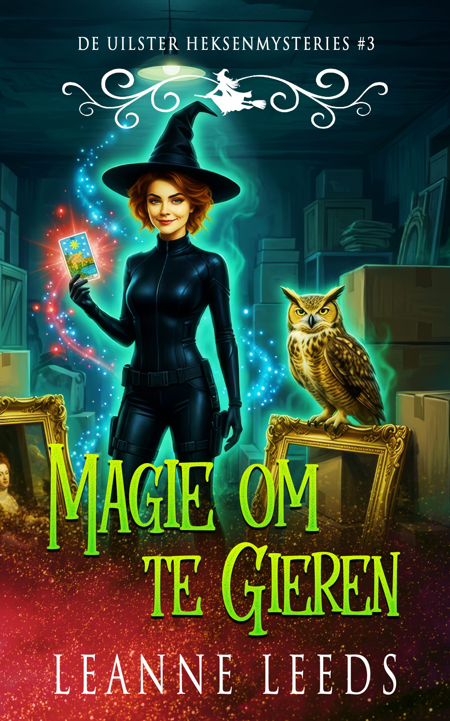 Boekomslag van 'De Uilster Magie' door Leanne Leeds. Een illustratie van een vrouw met donker haar in een kamer vol kleurrijke schilderijen en kunstbenodigdheden, vergezeld door een kleine bruine uil.