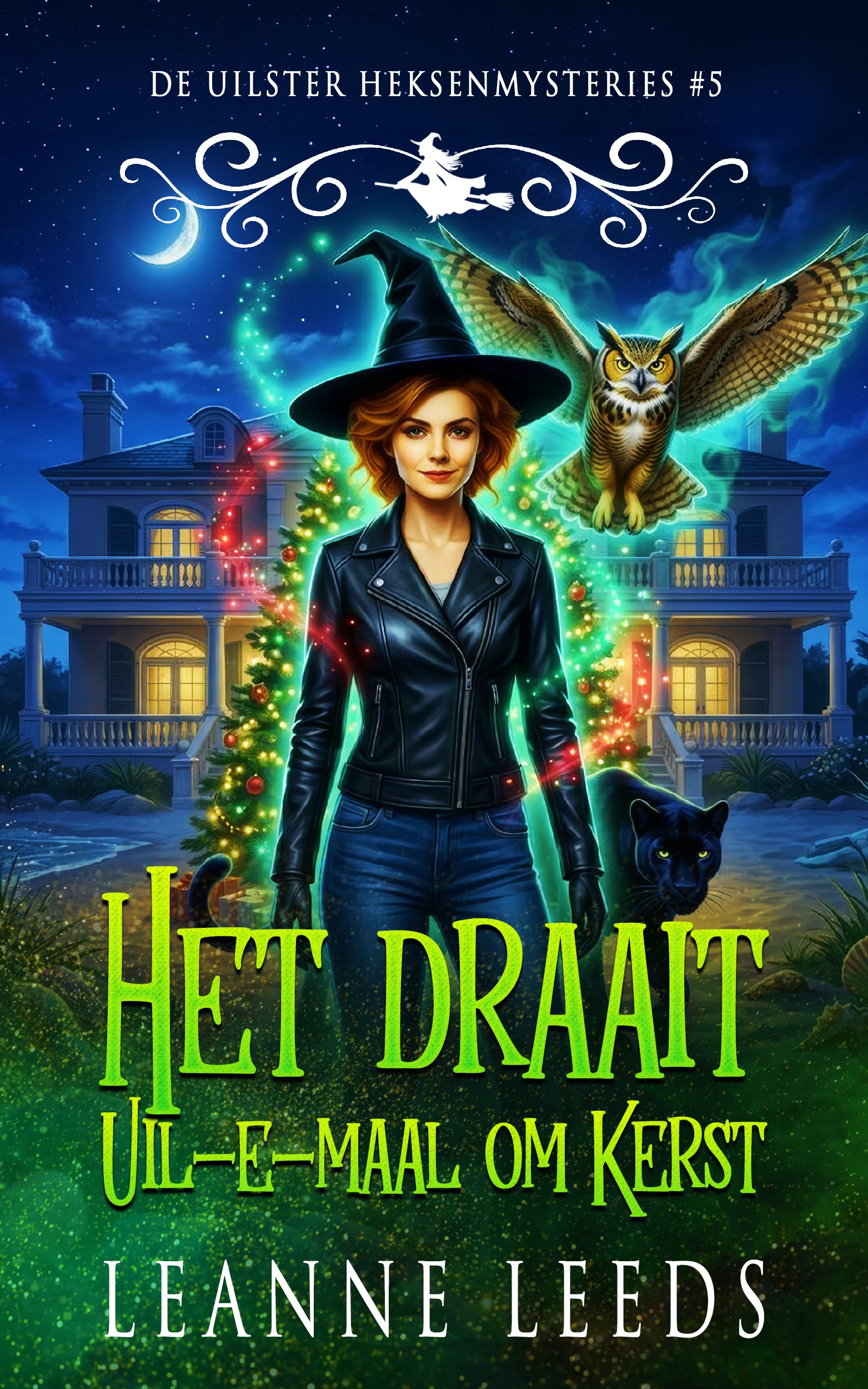 Boekomslag van 'De Uilster Kerstmis' door Leanne Leeds. Een illustratie van een vrouw met donker haar op een besneeuwd strand voor een groot landhuis bij nacht, vergezeld door een uil en een zwarte panter.