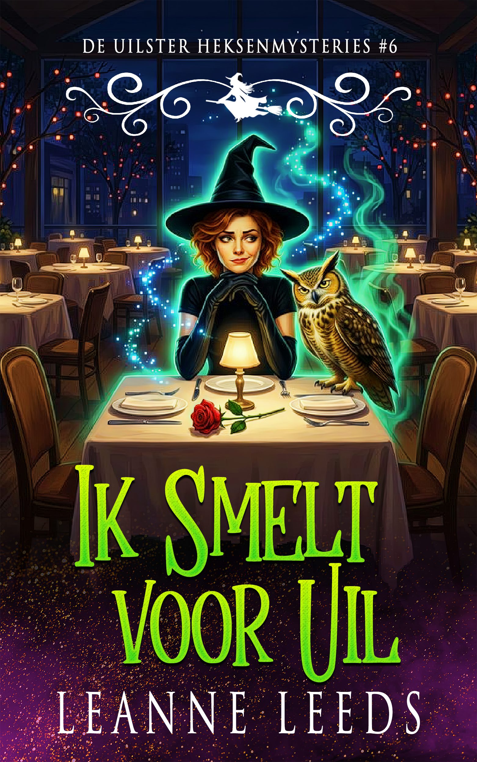 Boekomslag van 'Smelten van Plezier' door Leanne Leeds. Een illustratie van een vrouw met donker haar in een besneeuwde straat bij nacht, die een roze geschenkverpakking en een kleine uil vasthoudt.