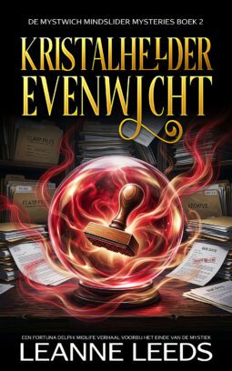 Boekomslag voor 'Kristalhelder evenwicht' van Leanne Leeds. Een rood-oranje kristallen bol met een houten stempel erin, omringd door dossiermappen en gestempelde documenten in een kantoor.