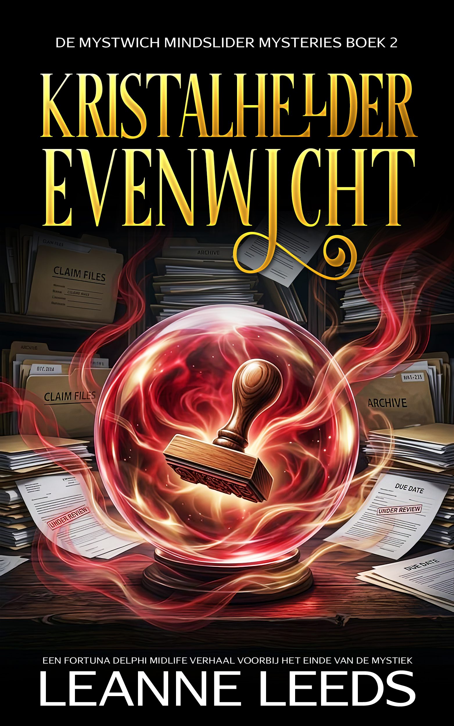 Boekomslag voor 'Kristalhelder evenwicht' van Leanne Leeds. Een rood-oranje kristallen bol met een houten stempel erin, omringd door dossiermappen en gestempelde documenten in een kantoor.