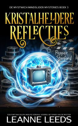 Boekomslag voor 'Kristalheldere reflecties' door Leanne Leeds. Een illustratie van een vrouw met bruin haar en een bril die in een gloeiende kristallen bol kijkt op een voetstuk, vergezeld door een witte geesthond voor een mystieke winkel bij nacht.