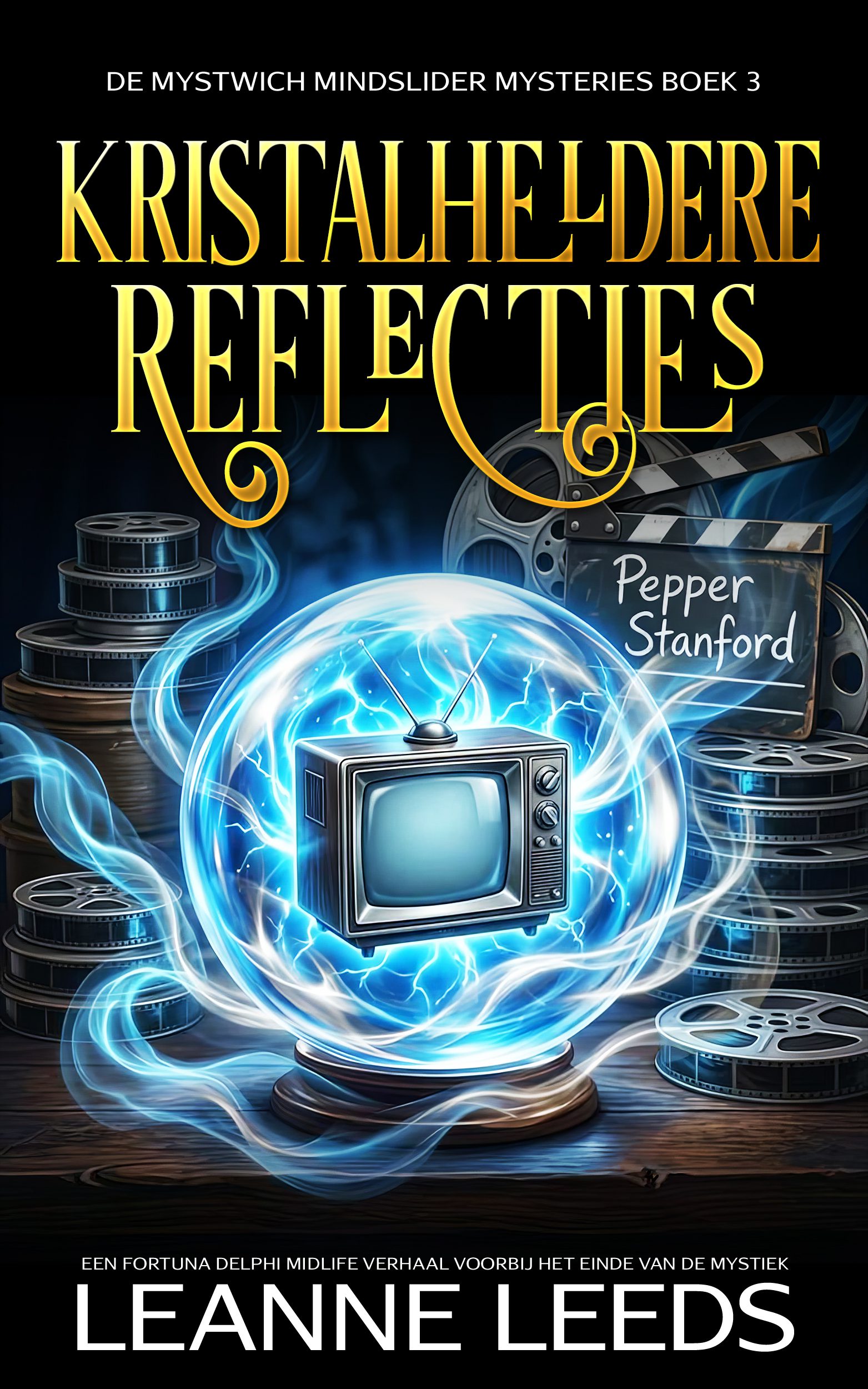 Boekomslag voor 'Kristalheldere reflecties' door Leanne Leeds. Een illustratie van een vrouw met bruin haar en een bril die in een gloeiende kristallen bol kijkt op een voetstuk, vergezeld door een witte geesthond voor een mystieke winkel bij nacht.