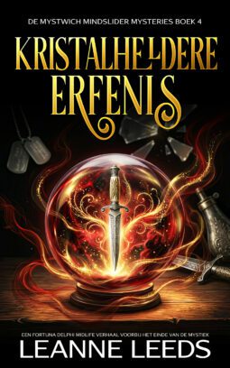 Boekomslag voor 'Kristalheldere erfenis' door Leanne Leeds. Een illustratie van een vrouw met bruin haar en een bril voor een mysterieus landhuis bij nacht, vergezeld door een kleine witte geesthond onder een volle maan.