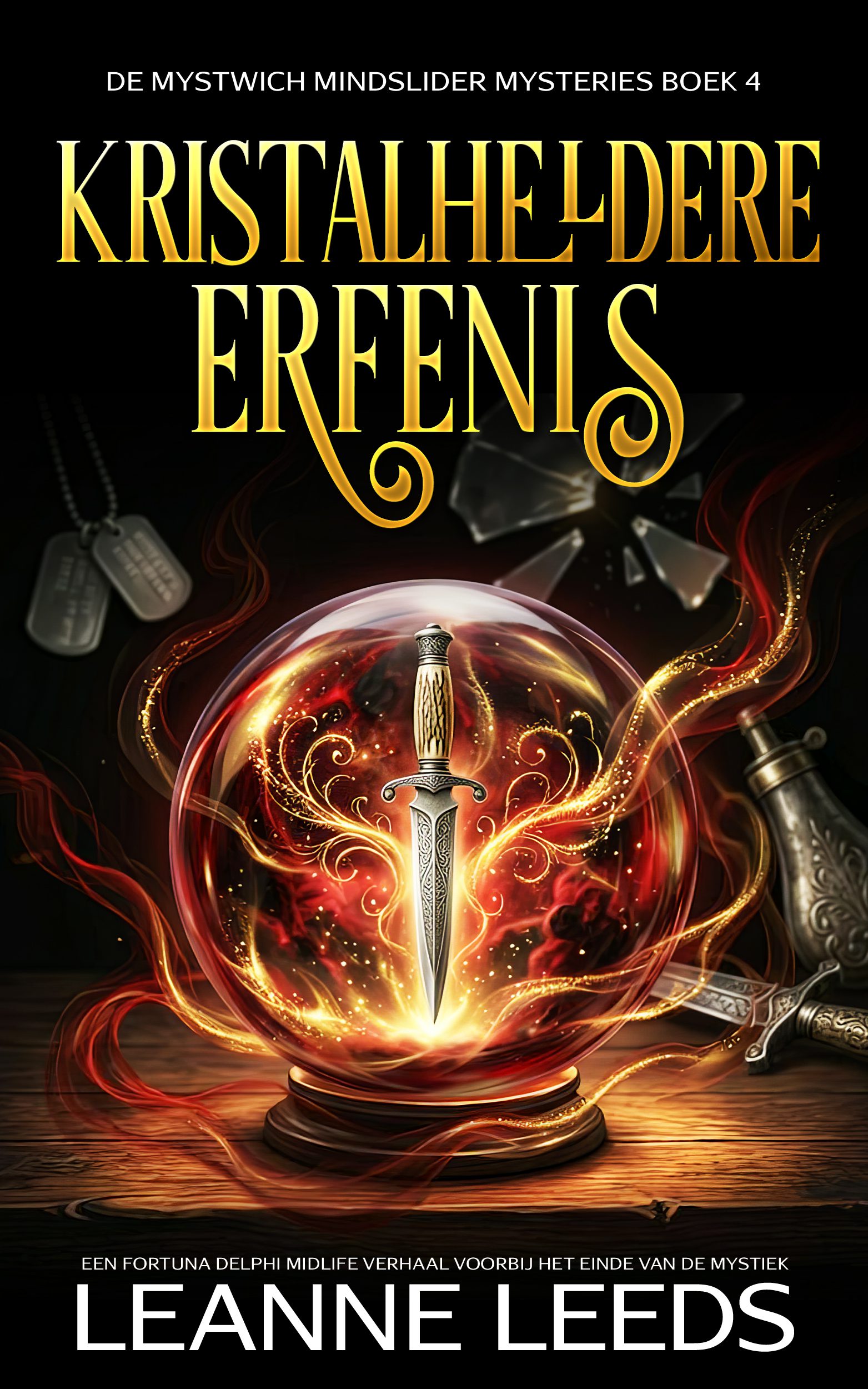 Boekomslag voor 'Kristalheldere erfenis' door Leanne Leeds. Een illustratie van een vrouw met bruin haar en een bril voor een mysterieus landhuis bij nacht, vergezeld door een kleine witte geesthond onder een volle maan.