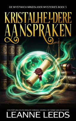 Boekomslag voor 'Kristalheldere aanspraken' door Leanne Leeds. Een illustratie van een vrouw met bruin haar en een bril in een besneeuwde straat bij nacht voor een mystieke winkel, vergezeld door een witte geesthond.