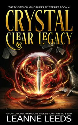 Book cover for 'Crystal Clear Legacy' by Leanne Leeds. An illustrated woman with brown hair and glasses stands in front of a mystical manor at night, accompanied by a small white ghost dog. The background features a full moon and glowing purple magic.