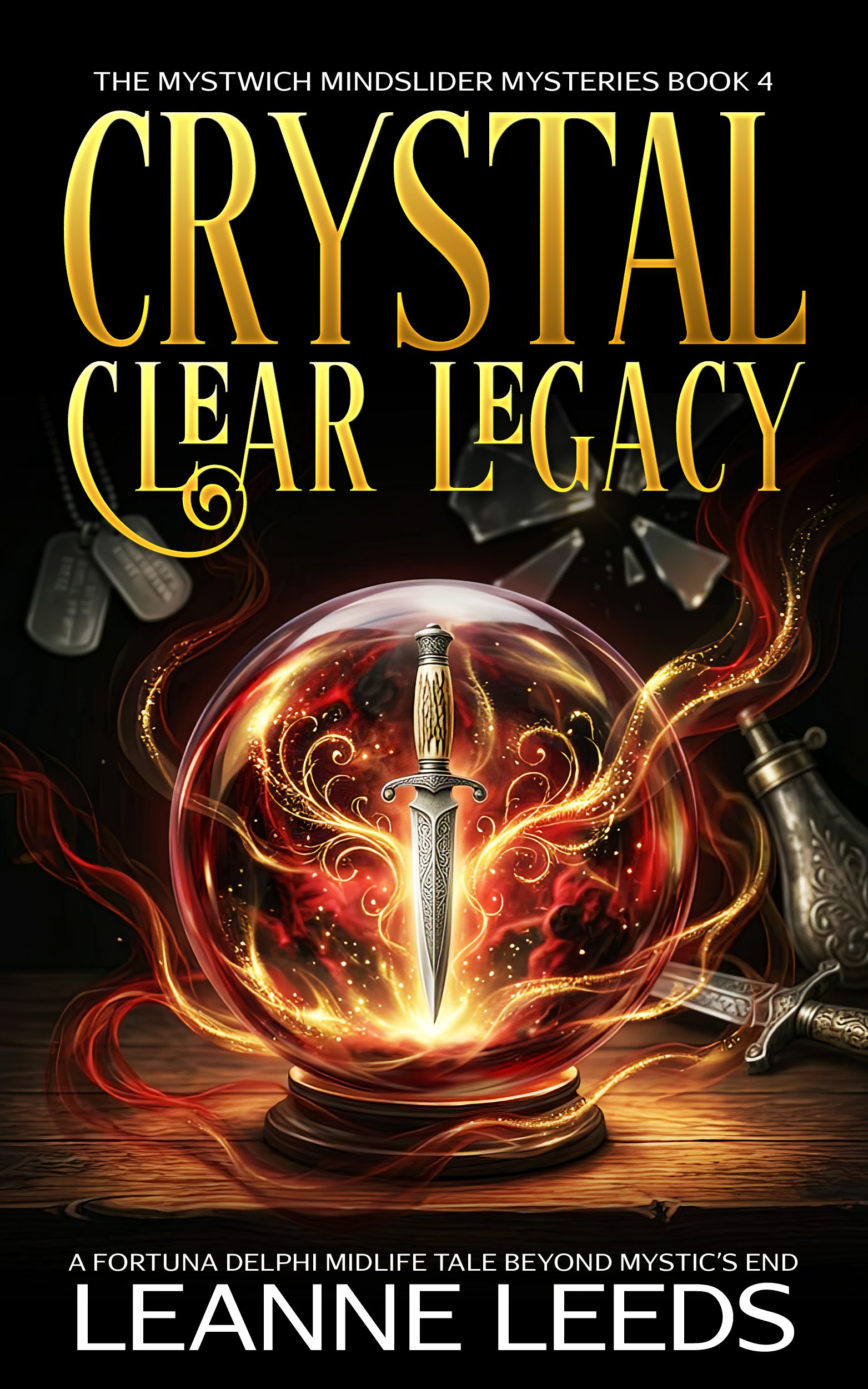 Book cover for 'Crystal Clear Legacy' by Leanne Leeds. An illustrated woman with brown hair and glasses stands in front of a mystical manor at night, accompanied by a small white ghost dog. The background features a full moon and glowing purple magic.