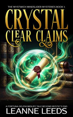 Book cover for 'Crystal Clear Claims' by Leanne Leeds. An illustrated woman with brown hair and glasses stands in a snowy, winter street at night in front of a mystical shop. She is accompanied by a white ghost dog, and the scene is decorated with festive winter lights.