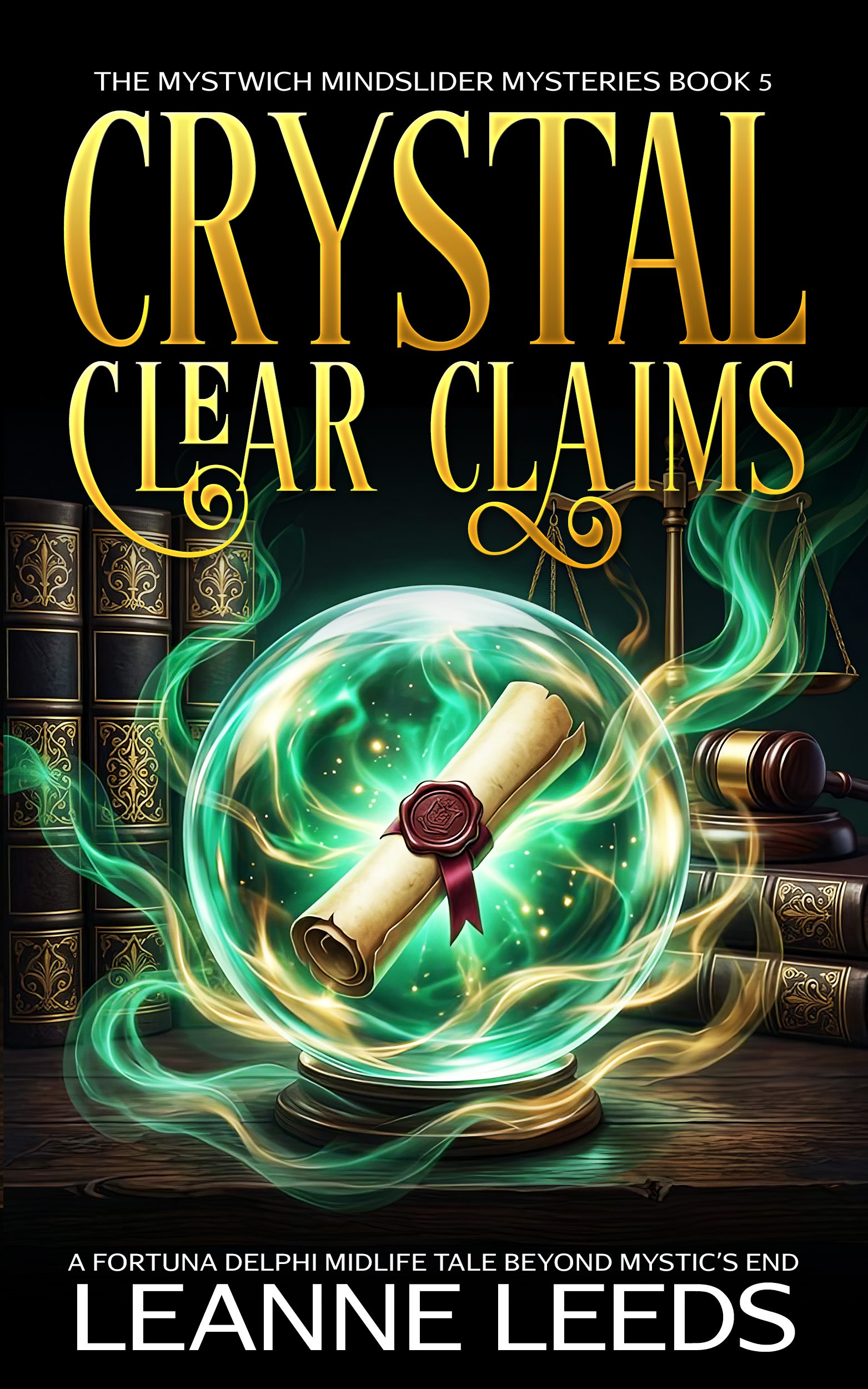 Book cover for 'Crystal Clear Claims' by Leanne Leeds. An illustrated woman with brown hair and glasses stands in a snowy, winter street at night in front of a mystical shop. She is accompanied by a white ghost dog, and the scene is decorated with festive winter lights.