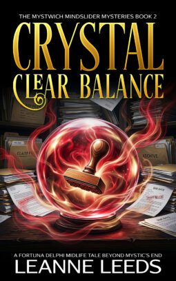 Book cover for 'Crystal Clear Reflections' by Leanne Leeds. An illustrated woman with brown hair and glasses stands in front of a mystical crystal ball shop at night. She is looking into a glowing crystal ball on a pedestal, while a white ghost dog sits beside her.