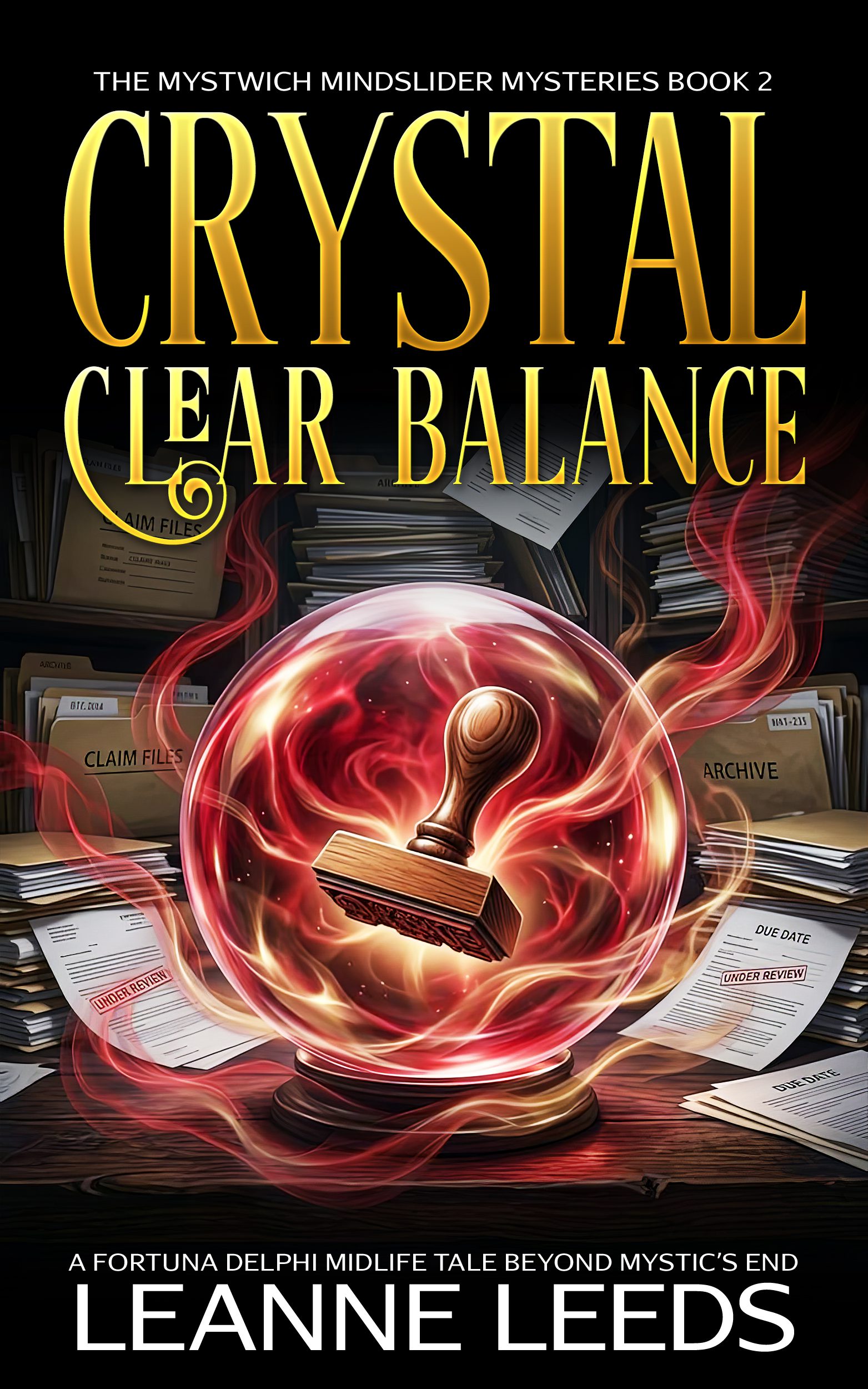Book cover for 'Crystal Clear Reflections' by Leanne Leeds. An illustrated woman with brown hair and glasses stands in front of a mystical crystal ball shop at night. She is looking into a glowing crystal ball on a pedestal, while a white ghost dog sits beside her.