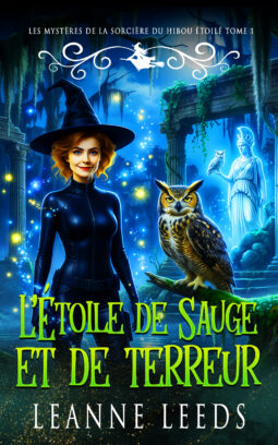 Couverture du livre 'L'Étoile de Sauge et de Terreur' par Leanne Leeds. Illustration d'une femme aux cheveux noirs tenant une lumière mystique, accompagnée d'un petit hibou sous un ciel nocturne étoilé.
