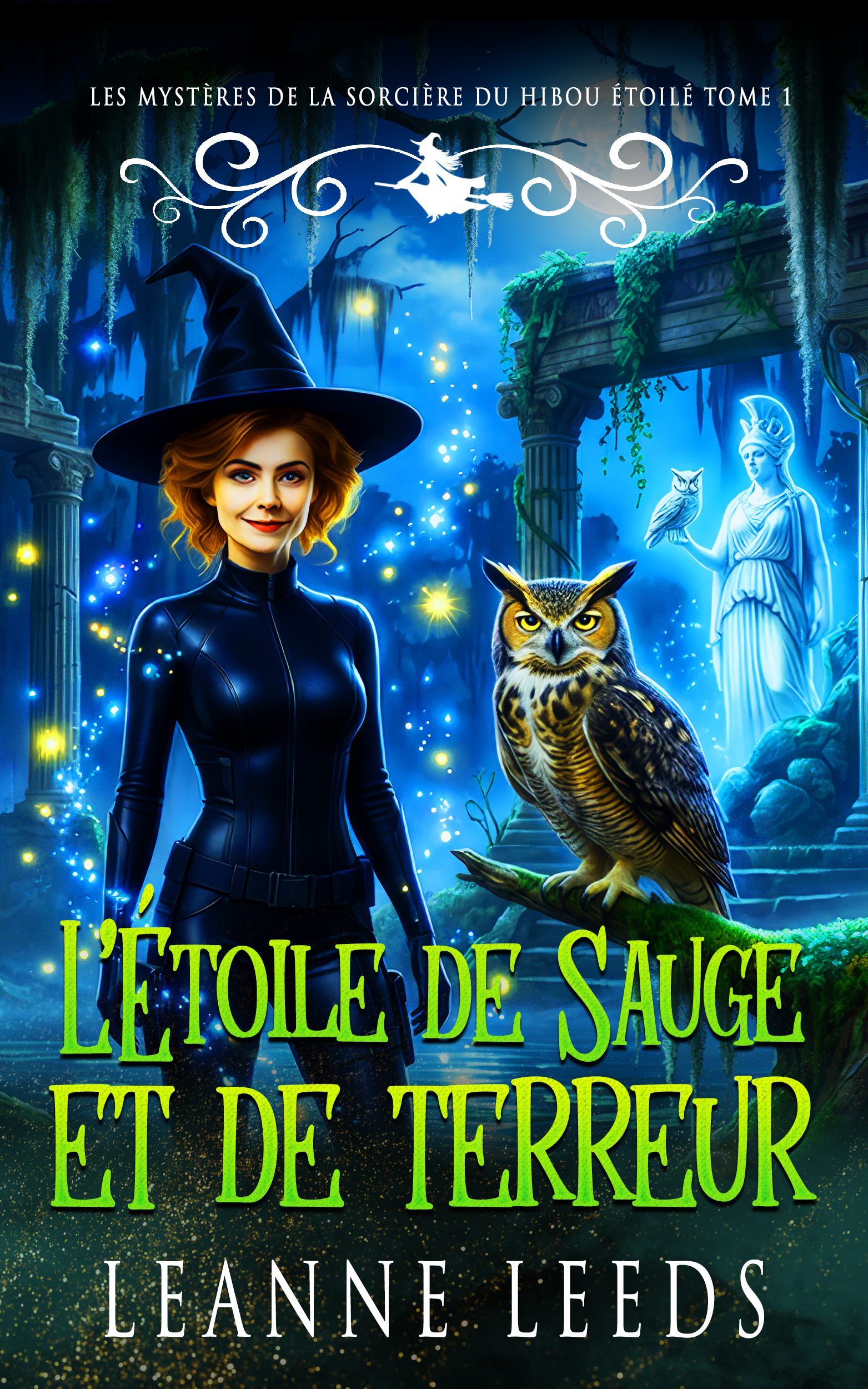 Couverture du livre 'L'Étoile de Sauge et de Terreur' par Leanne Leeds. Illustration d'une femme aux cheveux noirs tenant une lumière mystique, accompagnée d'un petit hibou sous un ciel nocturne étoilé.