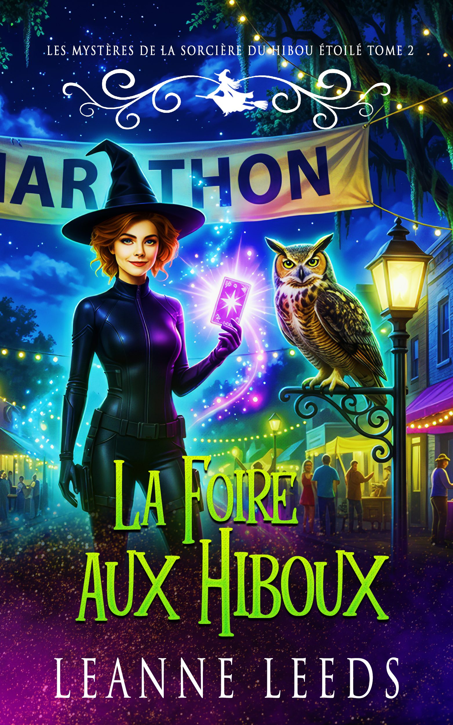 Couverture du livre 'La Foire aux Hiboux' par Leanne Leeds. Une illustration d'une sorcière aux cheveux roux portant un chapeau et une robe bleue, debout dans une rue de village la nuit, accompagnée d'un hibou et d'un chat noir devant une boutique mystique.