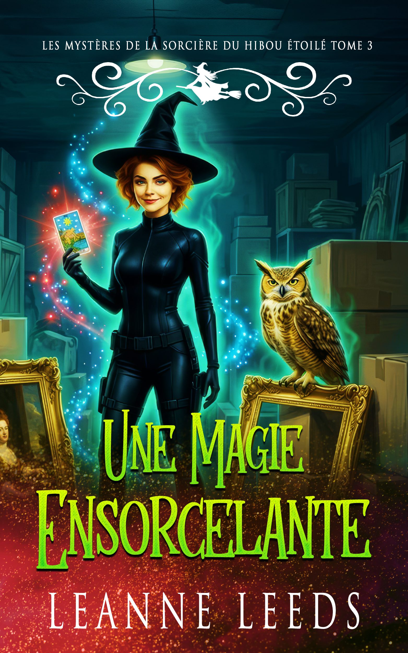 Couverture du livre 'Une Magie Ensorcelante' par Leanne Leeds. Une illustration d'une sorcière aux cheveux roux portant une robe bleue et un chapeau de sorcière, debout dans une rue la nuit avec une chouette sur son épaule et un chat noir à ses pieds devant une boutique mystique.