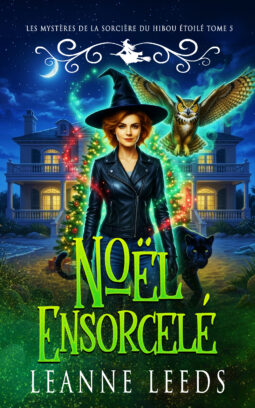Couverture du livre 'Noël Ensorcelé' par Leanne Leeds. Une illustration d'une sorcière aux cheveux roux portant un chapeau et une robe bleue, debout dans une rue de village enneigée la nuit avec des décorations de Noël. Elle est accompagnée d'un hibou et d'un chat noir.