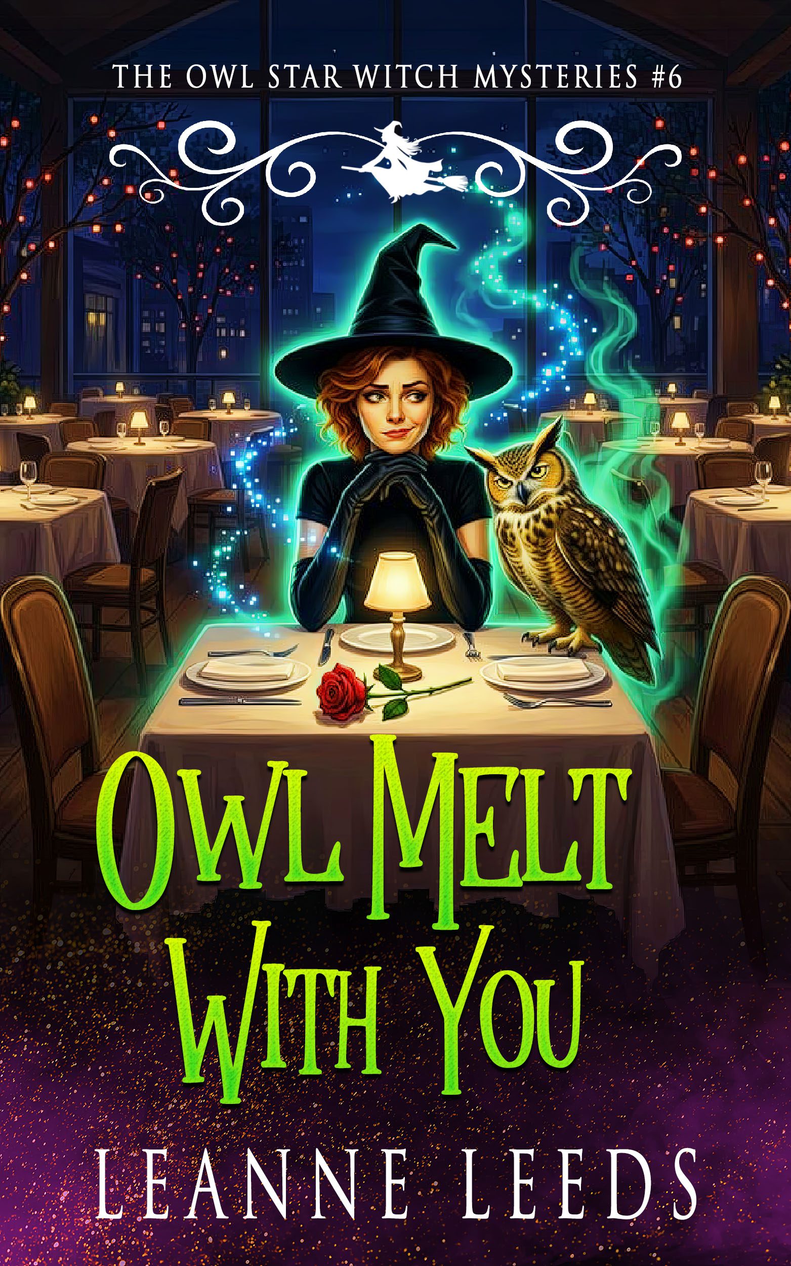 Book cover for 'Owl Melt with You' by Leanne Leeds. An illustrated woman with dark hair stands in a snowy, winter street at night, holding a pink gift box and a small brown owl. A red car is parked behind her in the snow.