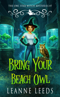 Book cover for 'Bring Your Beach Owl' by Leanne Leeds. An illustrated woman with dark hair stands on a sandy beach at sunset, wearing a sun hat and holding a small brown owl. Palm trees and a wooden pier are visible in the background under a colorful sky.