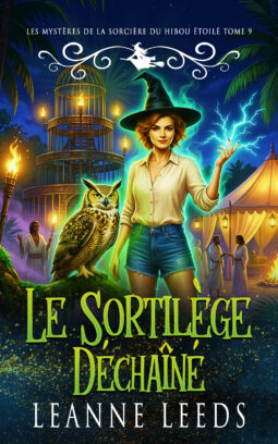 Couverture de « Le Sortilège Déchaîné » de Leanne Leeds. La sorcière rousse Astra, coiffée d'un chapeau de sorcière noir et vêtue d'un short en jean, se tient aux côtés d'Archie, un hibou grand-duc perché sur une souche mousseuse, tandis que des éclairs magiques bleu-vert jaillissent du bout de ses doigts lors d'un festival tropical nocturne.