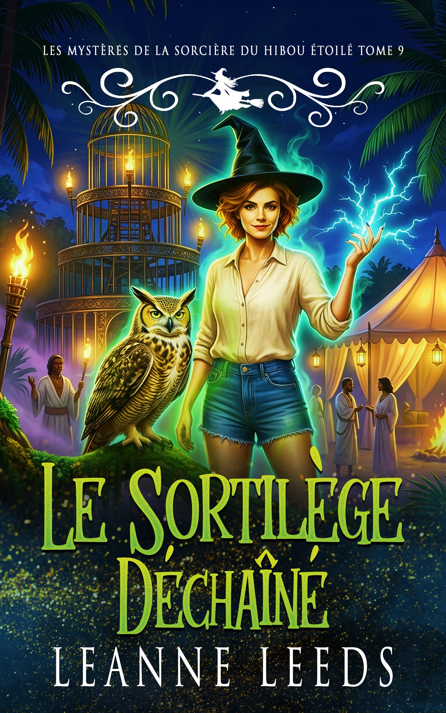 Couverture de « Le Sortilège Déchaîné » de Leanne Leeds. La sorcière rousse Astra, coiffée d'un chapeau de sorcière noir et vêtue d'un short en jean, se tient aux côtés d'Archie, un hibou grand-duc perché sur une souche mousseuse, tandis que des éclairs magiques bleu-vert jaillissent du bout de ses doigts lors d'un festival tropical nocturne.