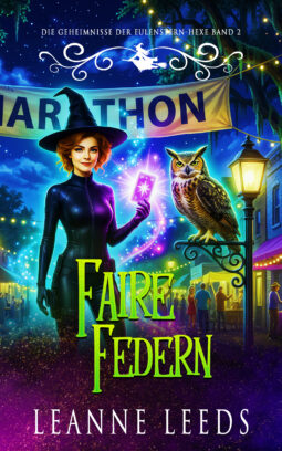 Buchcover für 'Faire Federn' von Leanne Leeds. Eine Illustration einer rothaarigen Hexe mit Hut und blauem Kleid, die nachts in einer Dorfstraße steht. Sie wird von einer Eule auf ihrer Schulter und einer schwarzen Katze begleitet, im Hintergrund ist ein mystischer Laden zu sehen.