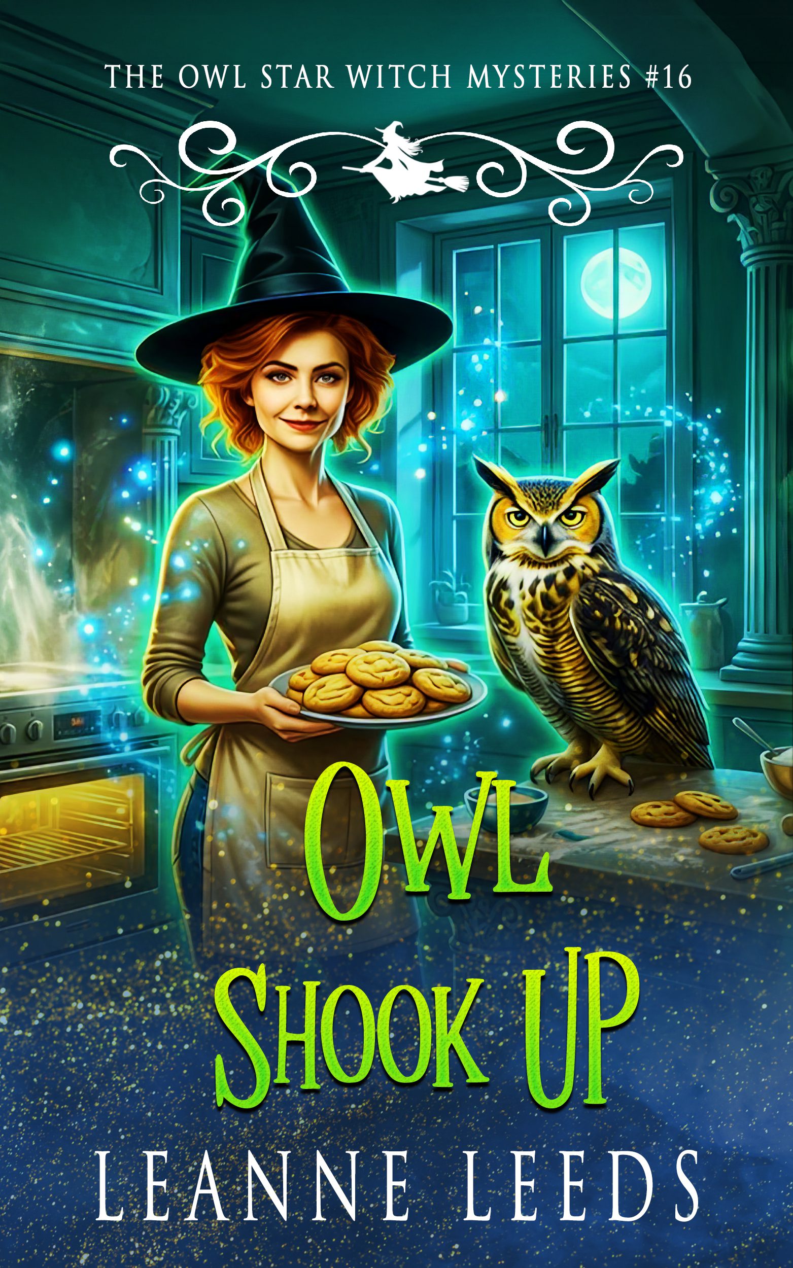 Book cover for Owl Shook Up by Leanne Leeds. Astra, a beautiful witch with a curly auburn bob wearing casual clothes and a baker's apron, stands in a magically lit kitchen holding a plate of snickerdoodle cookies. Her great horned owl companion, Archie, is perched attentively on the counter next to her.